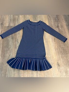 Karen Millen woman’s medium Navy & White Striped Ruffle-Hem Dress